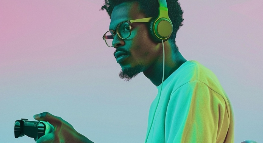 Man wearing green headphones and glasses, holding a gaming controller.