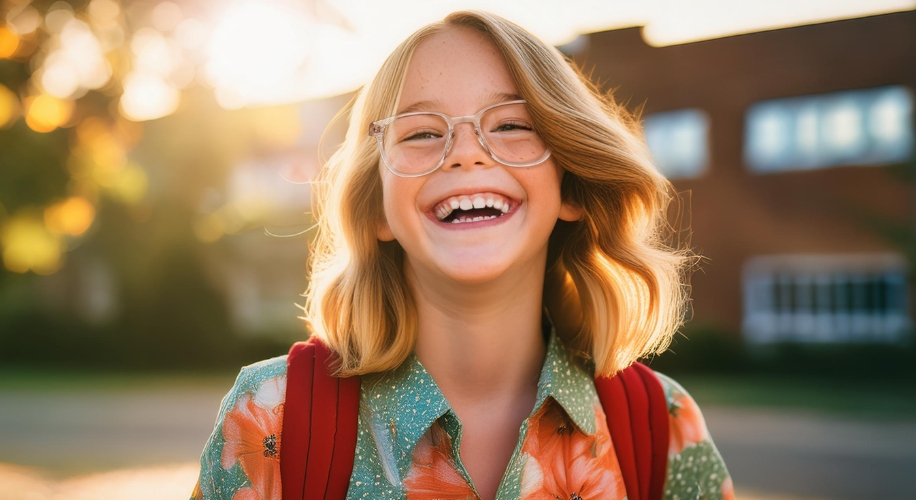 Smiling child with blonde hair, wearing glasses, a floral shirt, and a red backpack.