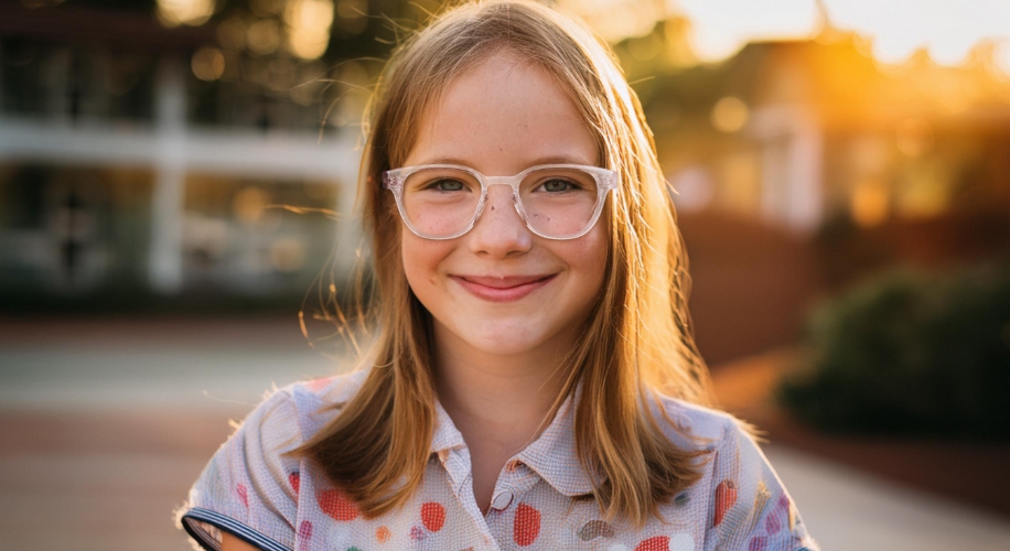 Girl wearing clear-framed glasses and a patterned shirt, smiling.