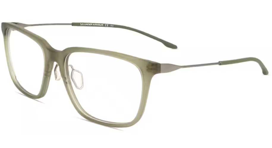 Under Armour eyeglasses with a semi-transparent olive green frame and rectangular lenses.