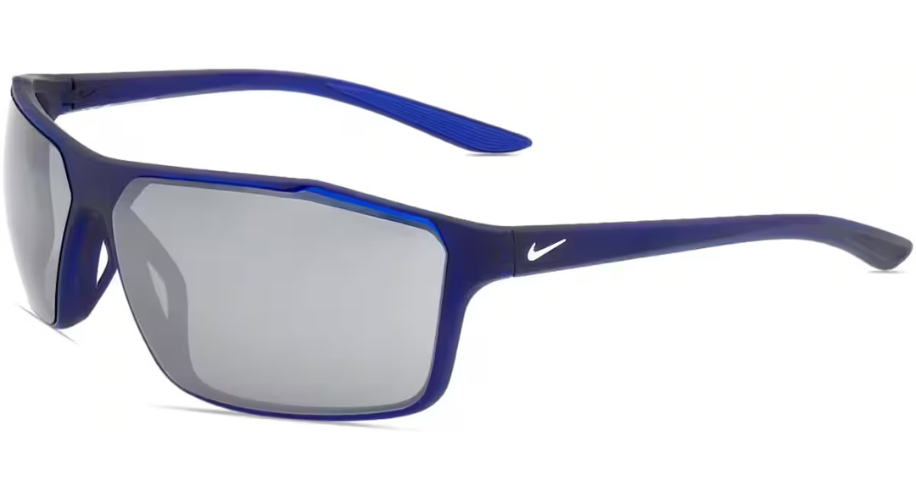 Blue-framed Nike sunglasses with rectangular lenses and a white Nike logo on the temple.