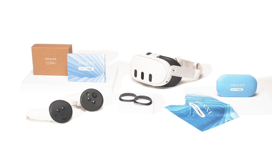 Virtual reality headset with controllers, lens adapters, and accessories, including boxes labeled ZENNI.