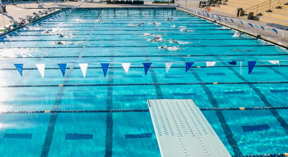 Large outdoor swimming pool with lane markers and a diving board in the foreground.