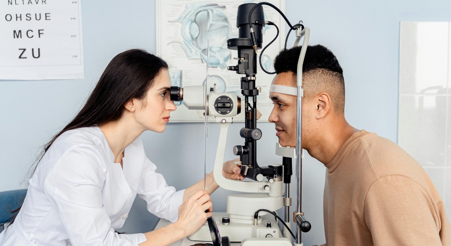 Optometrist examining a patient&#039;s eyes with a slit lamp. Eye chart in the background reads: NLTAVR, OHSUE, MCF, ZU.