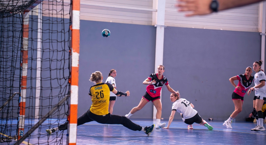 Women&#039;s handball game with player 26 in yellow diving to block a shot from player 19 in white.