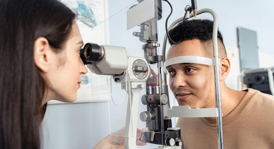 Optometrist examining a patient using a slit lamp microscope in an eye clinic.