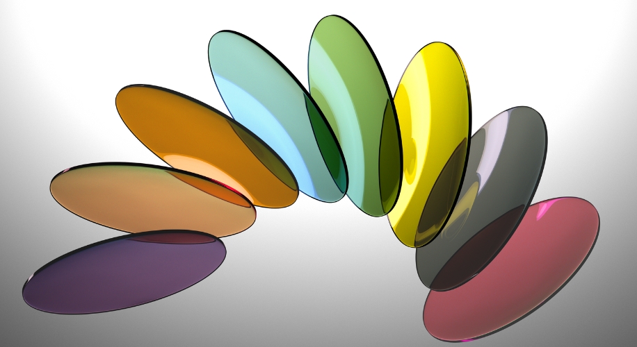 Colorful lenses arranged in a semi-circle, including shades of orange, green, yellow, blue, and pink.