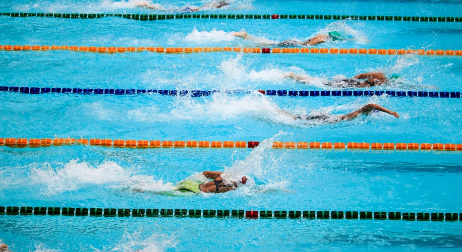 Swimmers racing in a pool with lane dividers.