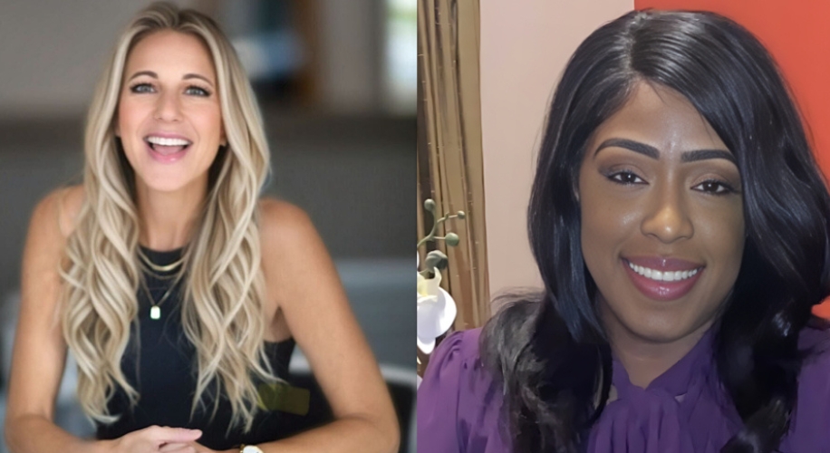 Two women smiling; one in a black top with long blonde hair, the other in a purple top with long dark hair.