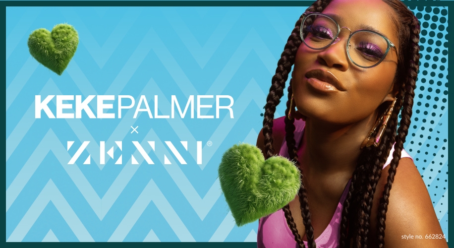 KEKE PALMER X ZENNI. Style no. 662824. Circular glasses with a purple lens and gold hoop earrings.