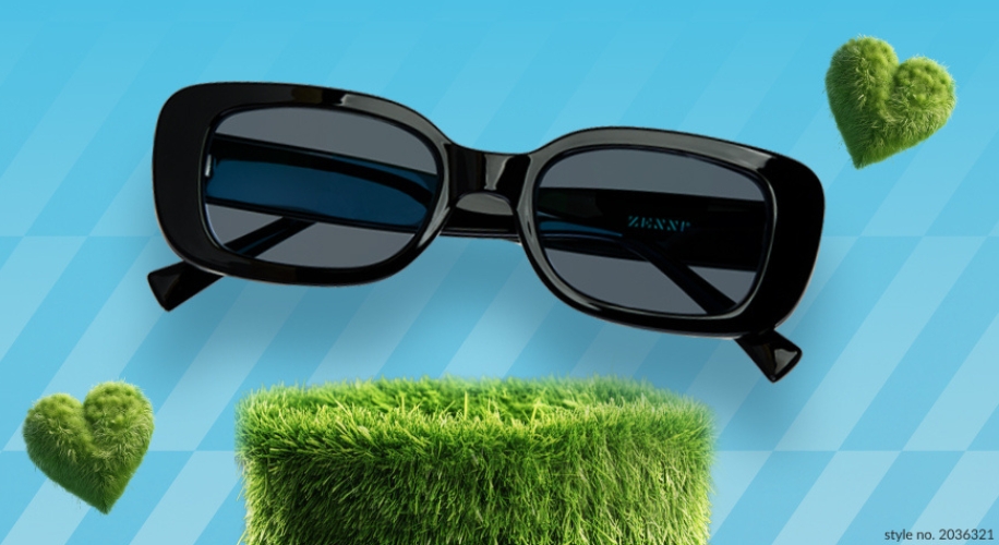 Black square sunglasses with blue-tinted lenses. Text: &quot;ZENNI&quot; and style no. 2036321.