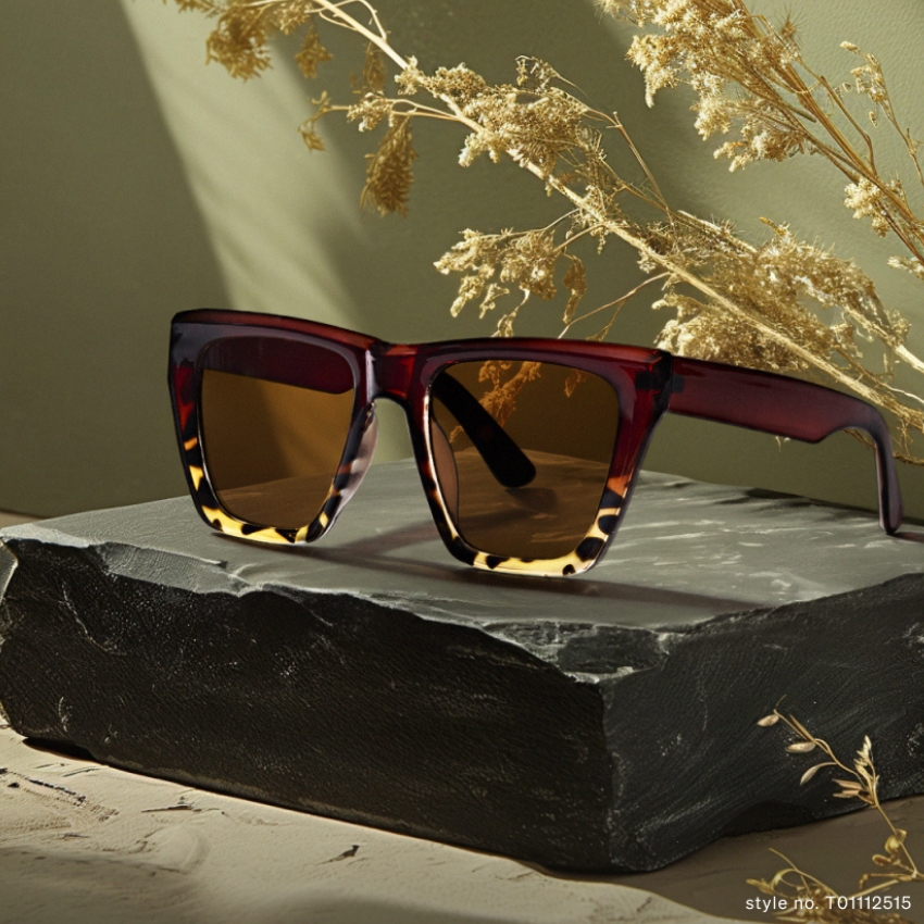 Tortoiseshell sunglasses with brown lenses on a black stone surface. Style no. T01112515.