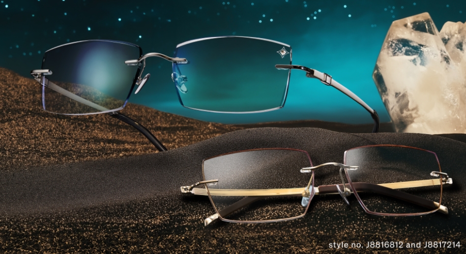 Rimless glasses in silver and brown with thin frames, style no. J8816812 and J8817214.