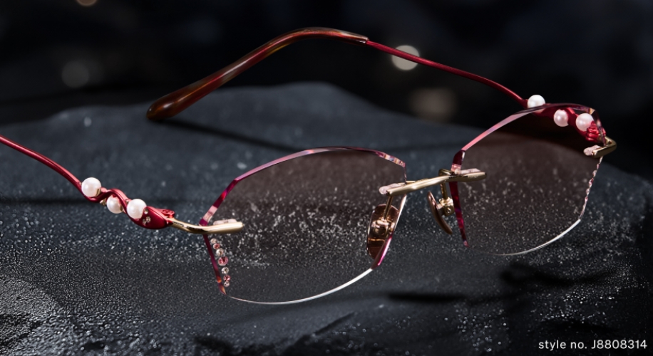 Elegant eyeglasses with red frames, pearl embellishments, and style no. J8808314 on the lens.