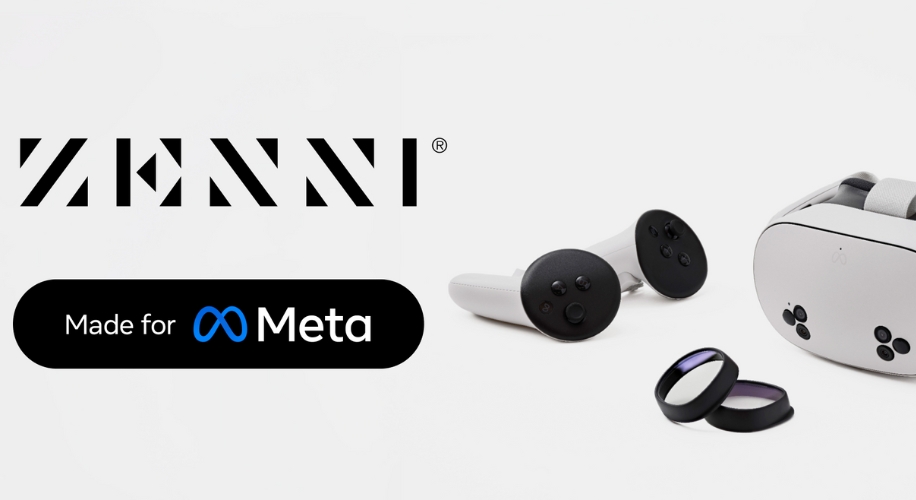 ZENNI® Made for Meta. VR headset and controllers with lens attachments.