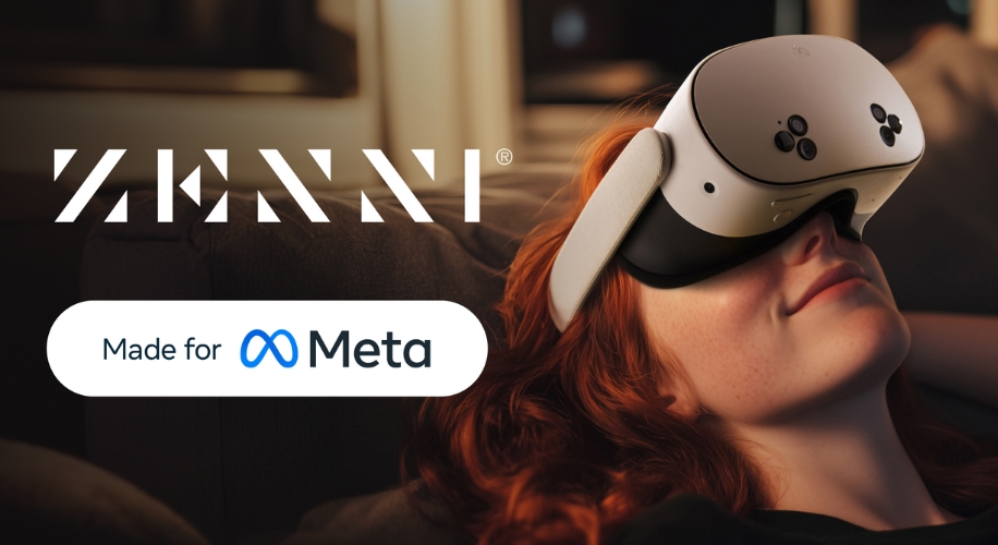 ZENNI VR headset on a person’s head. Text: &quot;ZENNI&quot;, &quot;Made for Meta&quot;.