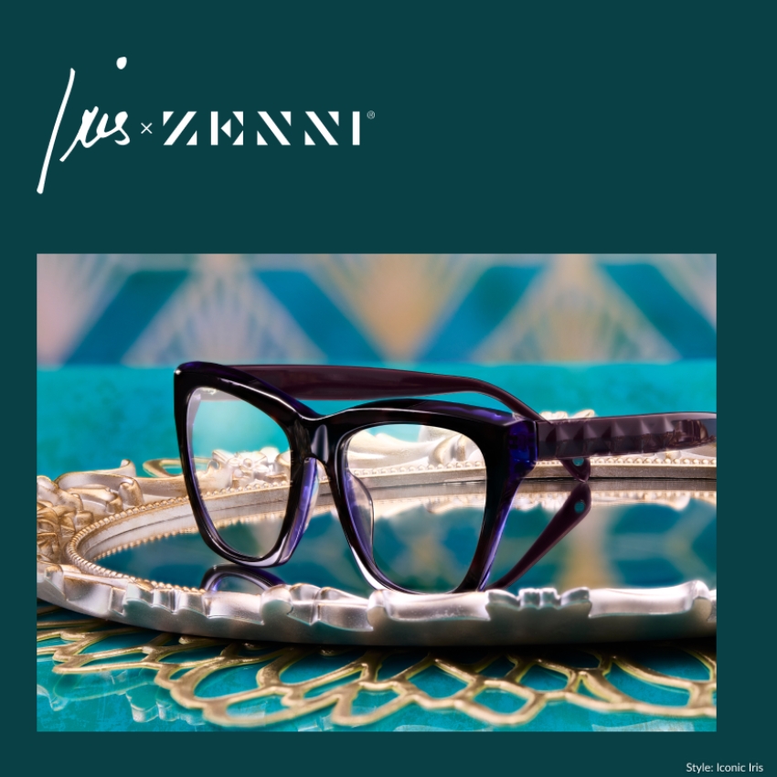 Iris x ZENNI glasses with transparent deep purple frames on a decorative mirror. Style: Iconic Iris