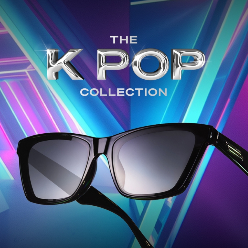 The K POP Collection sunglasses with black frames on a vibrant blue and purple geometric background.