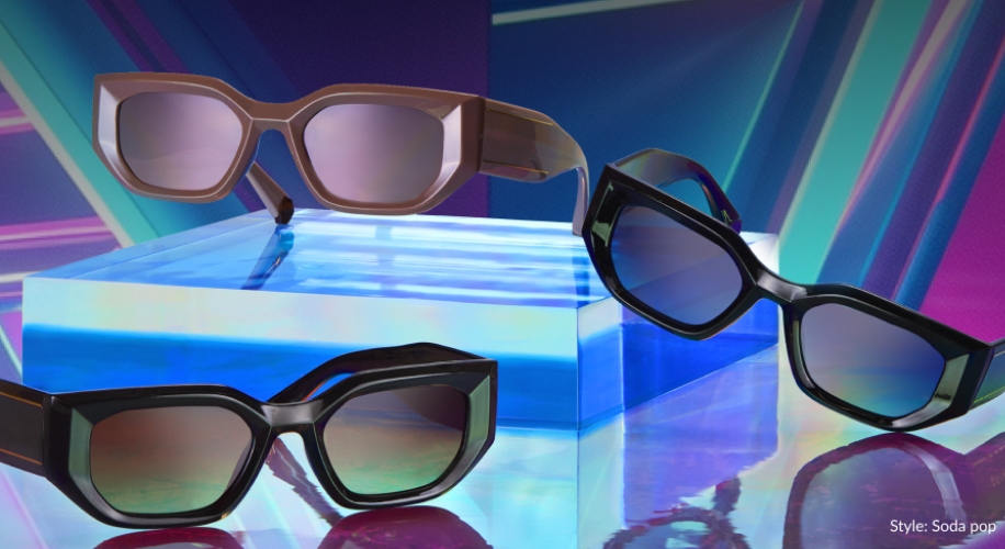 Sunglasses in three styles displayed on a blue, illuminated pedestal. Text: Style: Soda pop.