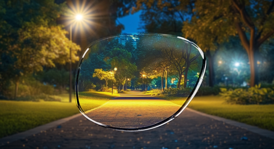 Eyeglass lens enhancing night vision, showing brighter and clearer park path illuminated by streetlights.