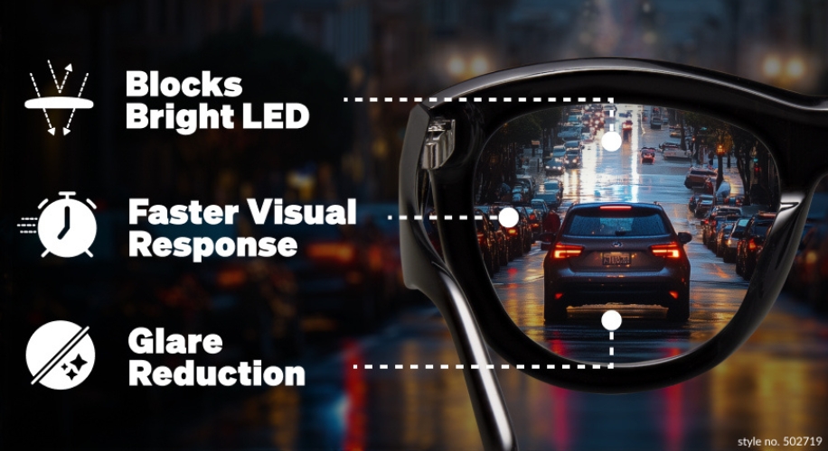 Blocks Bright LED, Faster Visual Response, Glare Reduction. Style no. 502719.