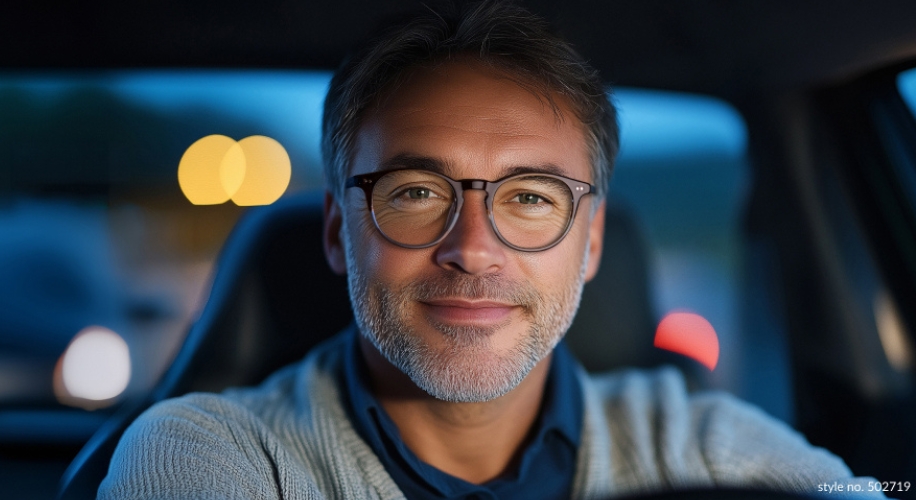 Man wearing glasses, smiling in a car. Style no. 502719.