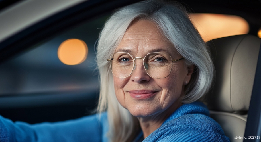 Smiling person wearing eyeglasses with gold wireframes, style no. 502719.