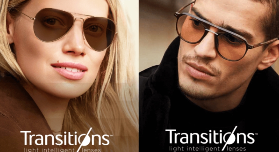 Transitions light intelligent lenses on sunglasses, shown on a woman (left) and a man (right).