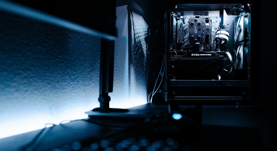 High-performance gaming or workstation PC with EVGA graphics card and advanced cooling system.