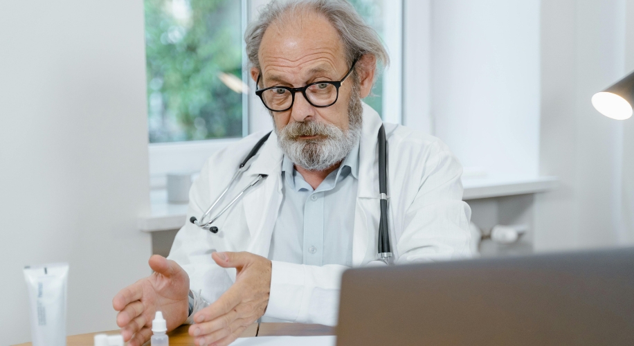 Doctor with a beard discussing medical products, including a white tube and a white dropper bottle on a table.