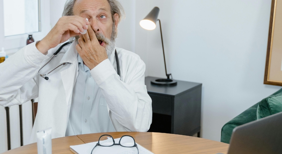 Man in a white coat applying eye drops.