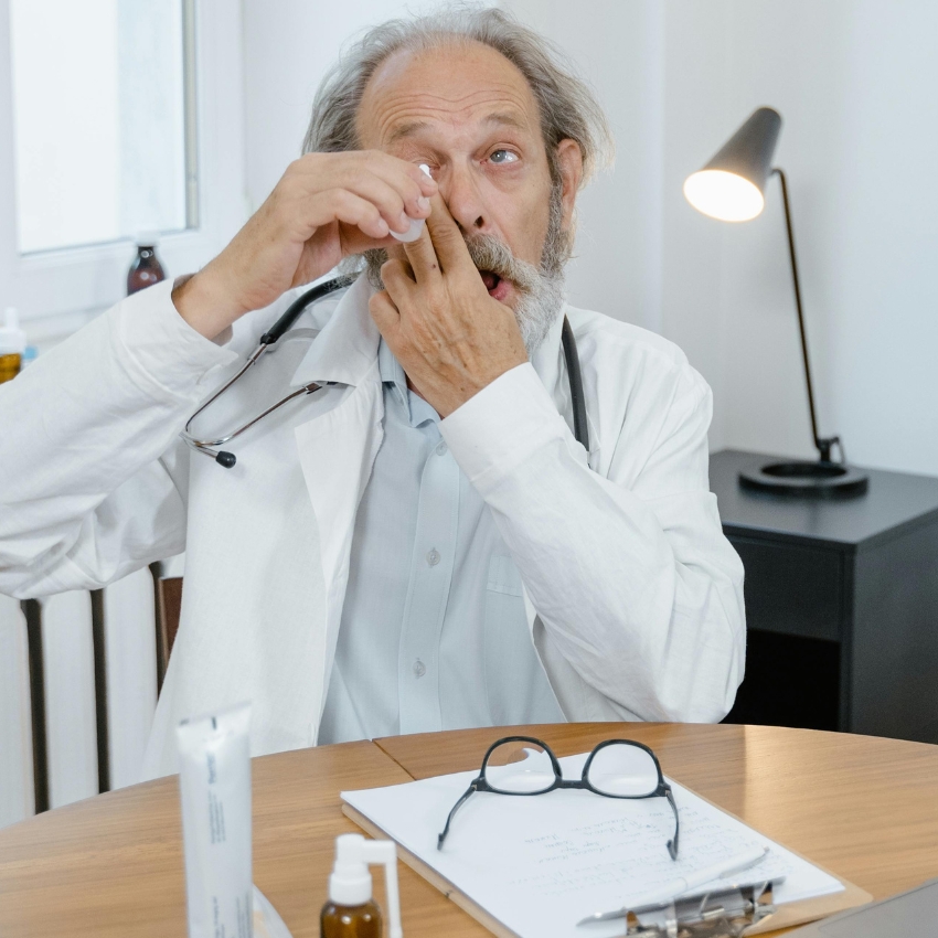 An elderly man in a lab coat using eye drops with glasses, a clipboard, and a bottle on the table.