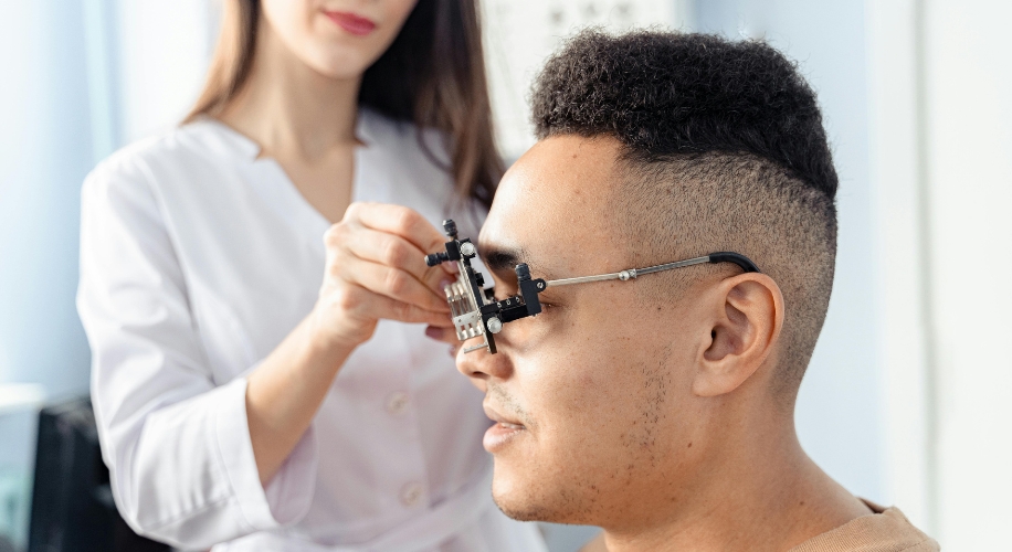 Man undergoing eye test with trial frame.