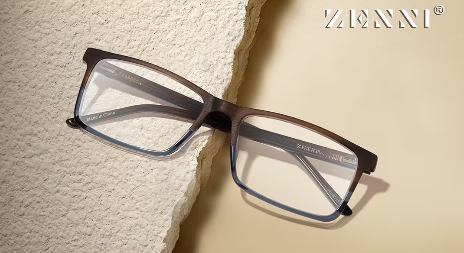 Zenni rectangular glasses with a gradient from dark brown to clear, &quot;Made in China&quot; text on the side.