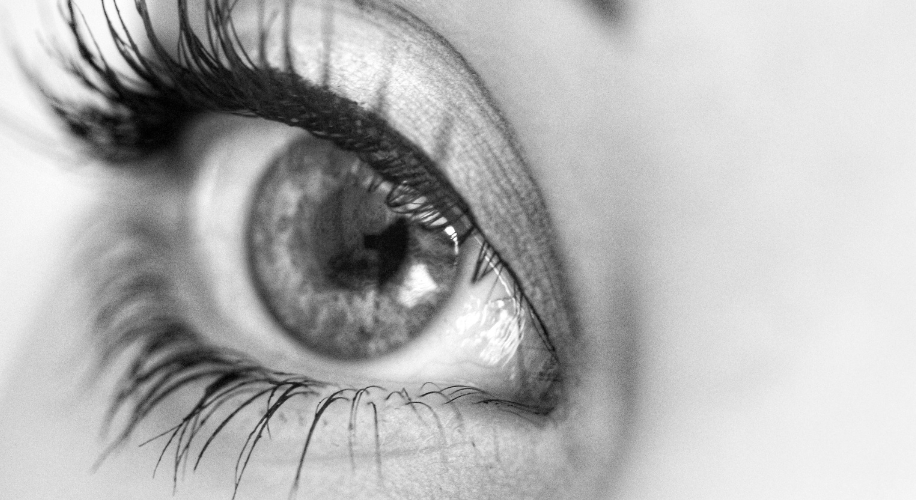 Close-up of a human eye with detailed eyelashes and iris.