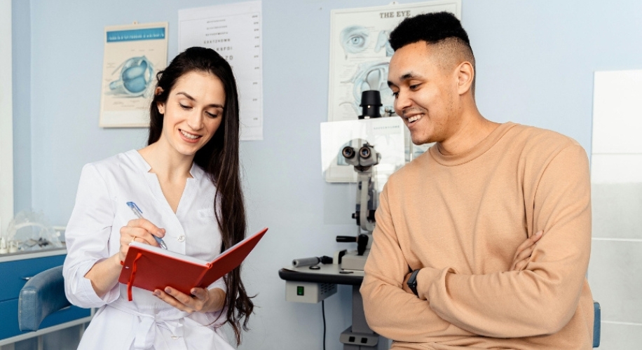 Optometrist with long hair writing notes, patient in light brown sweater smiling. Eye charts in background.