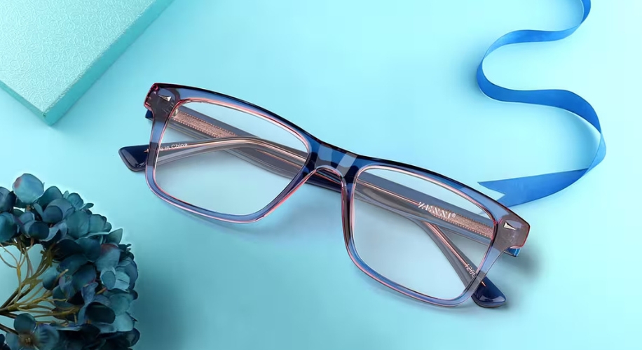 Blue and pink gradient square eyeglasses with the brand name &quot;HANAMI&quot; on the temple.