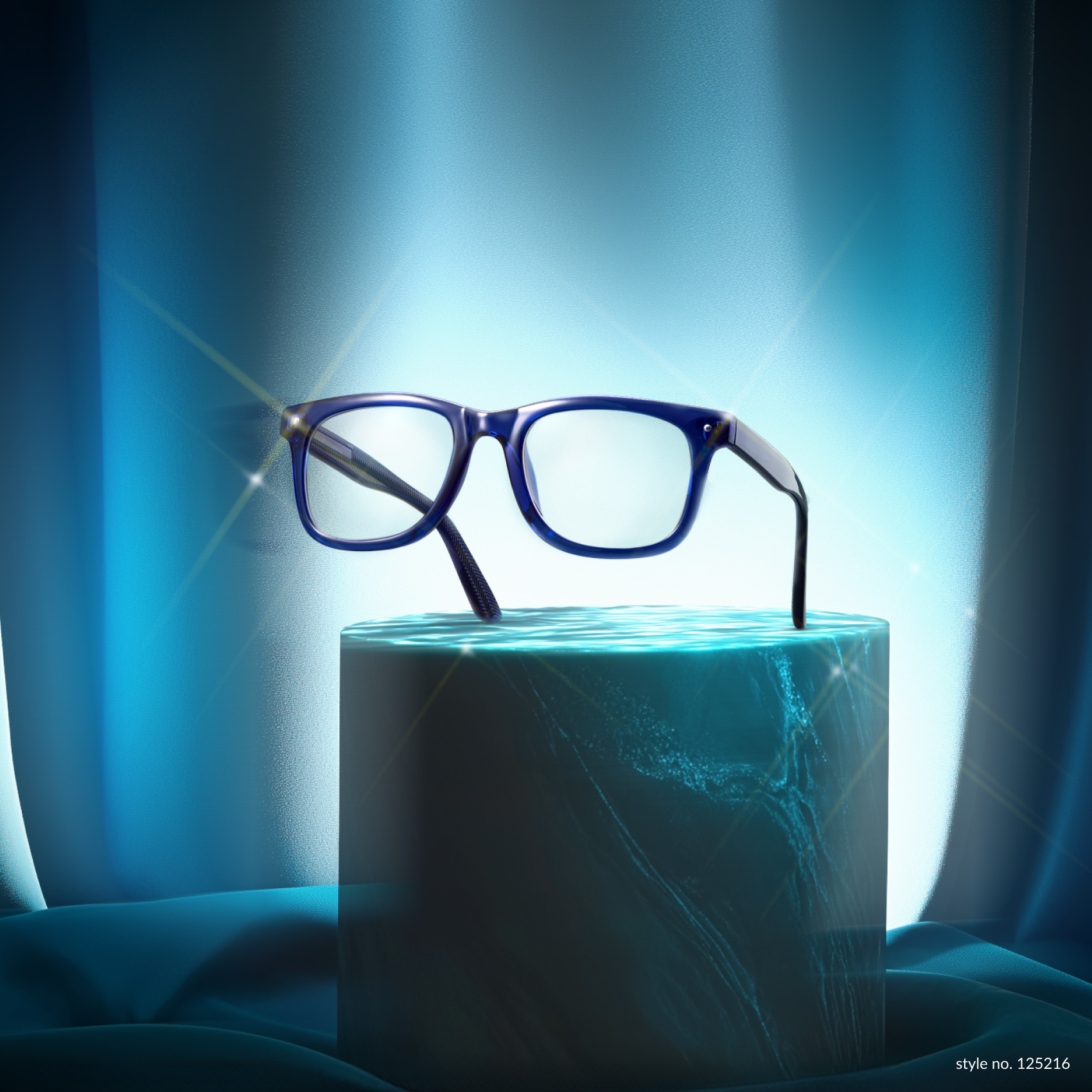 Blue glasses with rectangular lenses on display. Style no. 125216.