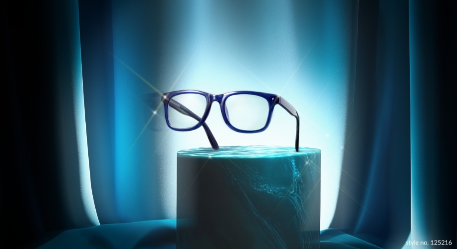 Blue eyeglasses on display stand; style no. 125216.