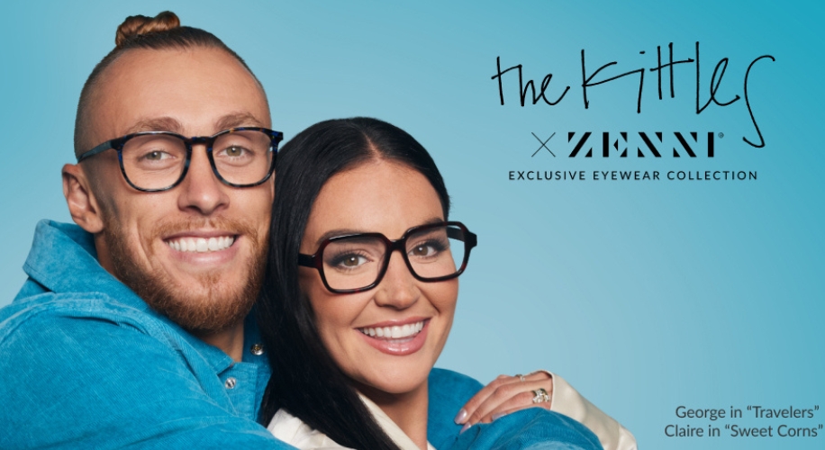 The Kittles x Zenni Exclusive Eyewear Collection. George in &quot;Travelers.&quot; Claire in &quot;Sweet Corns.&quot;