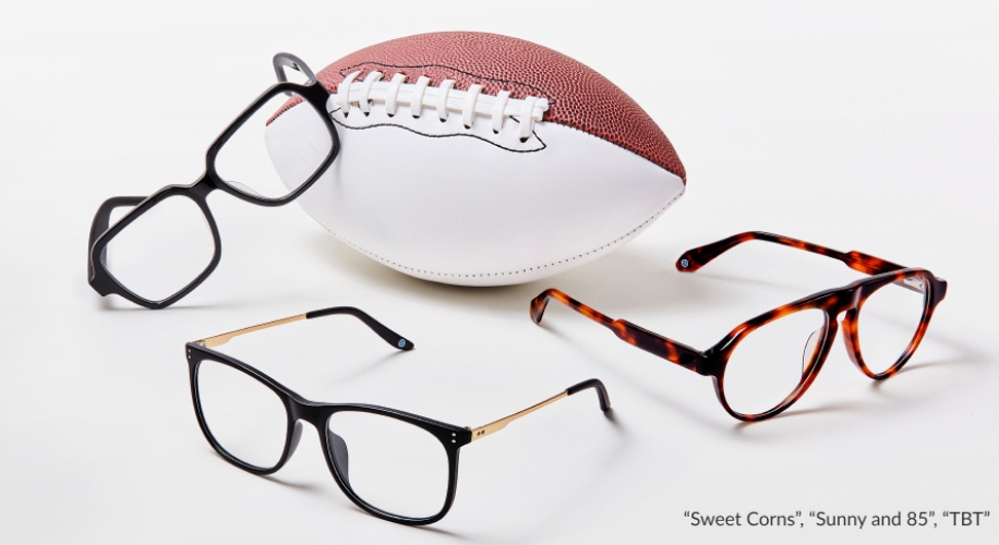 Three pairs of glasses and a football. Text: &quot;Sweet Corns,&quot; &quot;Sunny and 85,&quot; &quot;TBT.&quot;