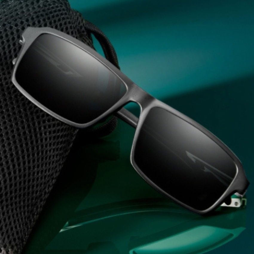 Rectangular black sunglasses with a mesh case.