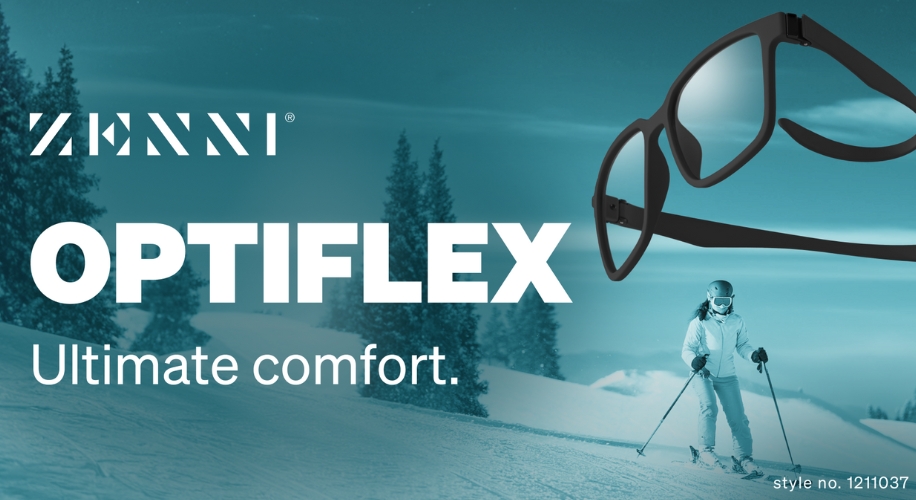 ZENNI OPTIFLEX sunglasses, Ultimate comfort. style no. 1211037. Skier in the background.