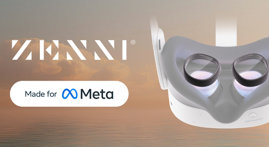 ZENNI Made for Meta. White virtual reality headset with black lenses and a grey padded interior.