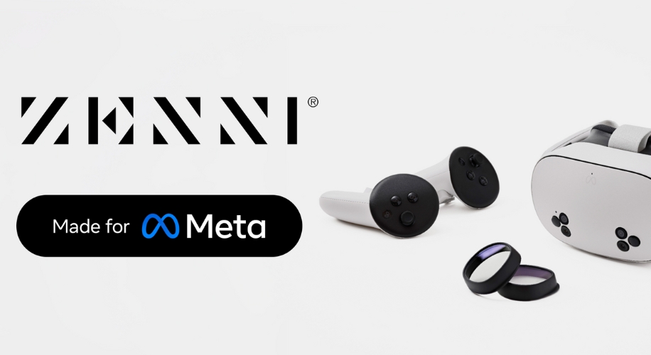 ZENNI Made for Meta; VR headset, controllers, and lens attachments.