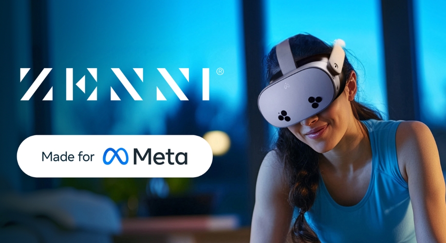 ZENNI VR headset worn by woman. &quot;Made for Meta&quot; logo next to it.