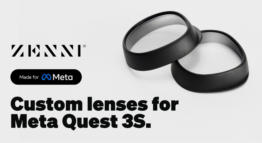 Zenni custom lenses for Meta Quest 3S, &quot;Made for Meta&quot; badge.