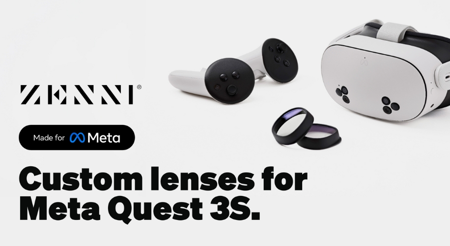 ZENNI custom lenses for Meta Quest 3S, featuring VR headset and controllers. Made for Meta.