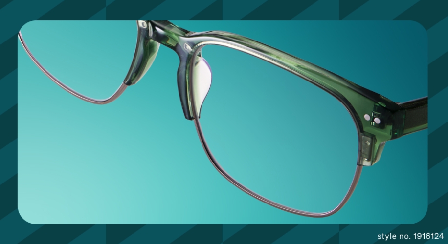 Green eyeglasses with transparent nose pads, style no. 1916124.