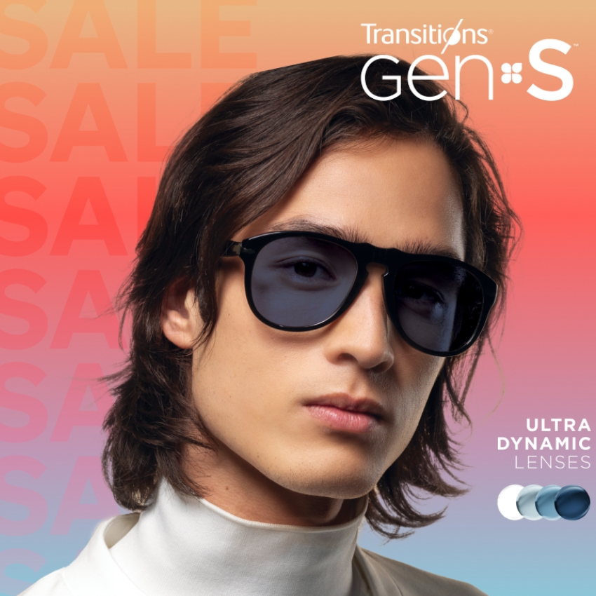 Transitions Gen 8 S sunglasses with Ultra Dynamic Lenses. Sale background.